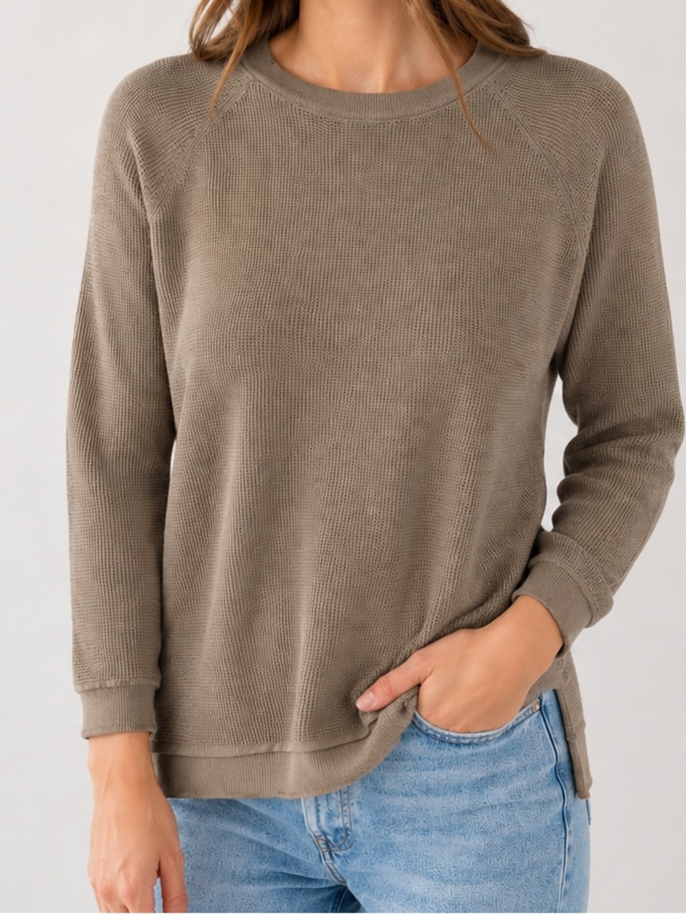 Cynthia Rowley Linen Blend Lightweight Waffle Knit Sweater Split Hem Taupe M